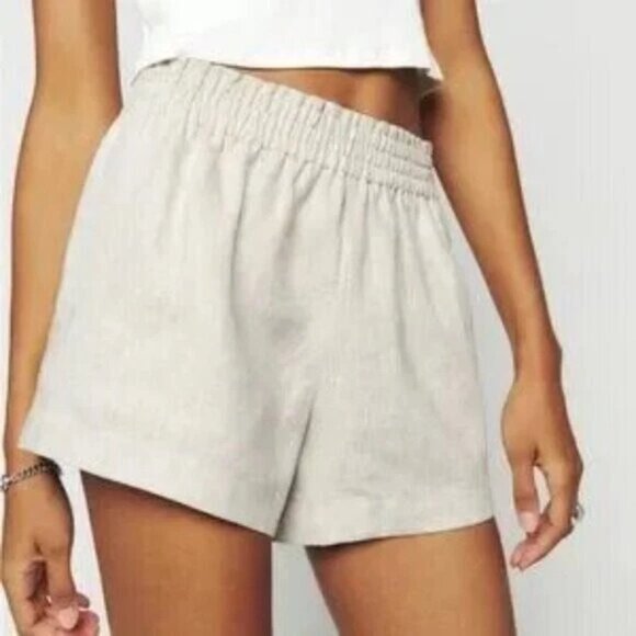 Reformation Cream Linen Mila Smocked High Rise Shorts
